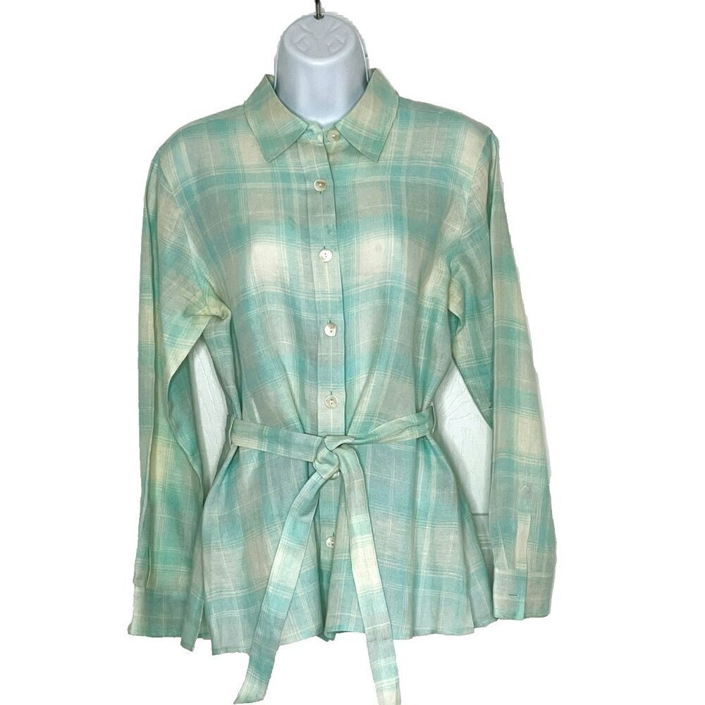 Talbots Petites Irish Linen Button Up Shirt w Belt sz 10P Blue Plaid Coastal